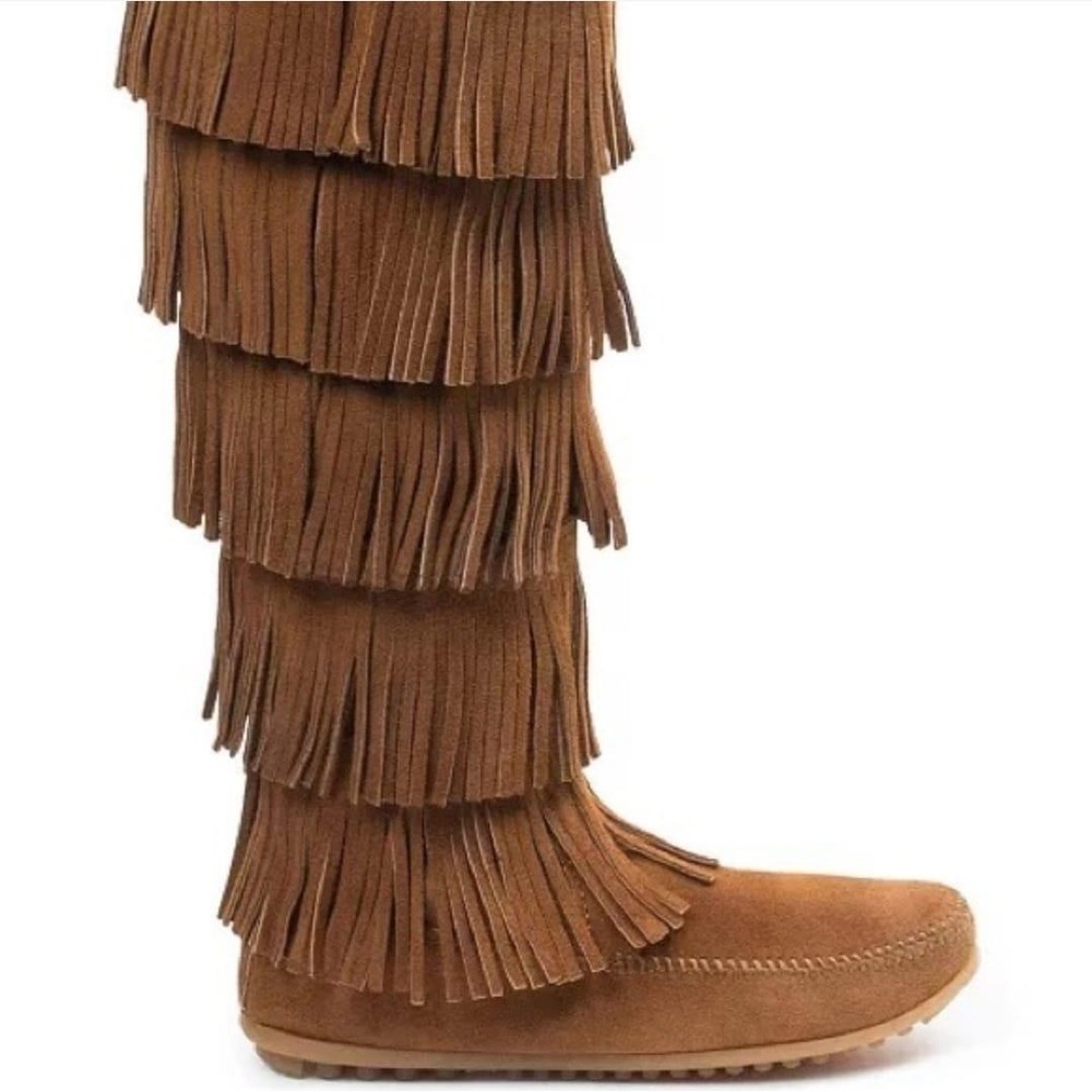 Minnetonka Women 5-Layer Fringe Suede Moccasin Boots Brown 1652 Size 9
